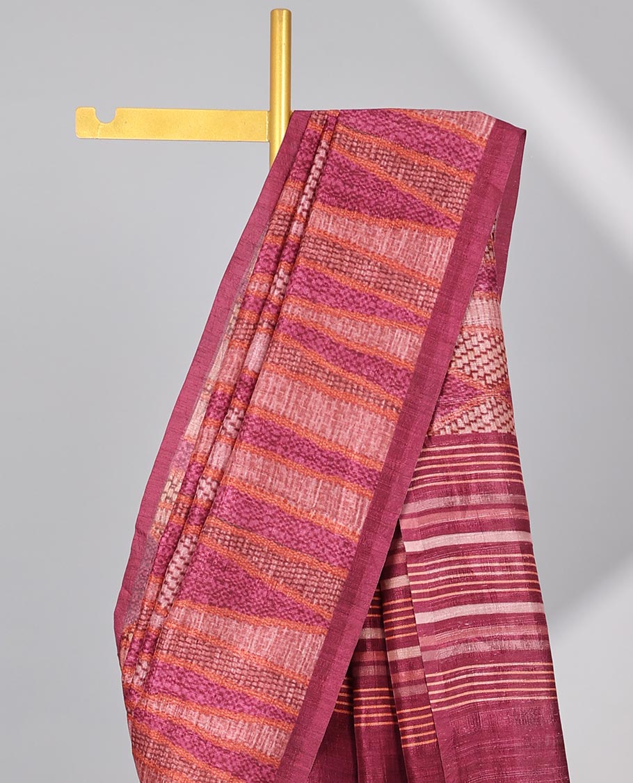 maroon geometric design tussar silk saree with self-border & striped pallu