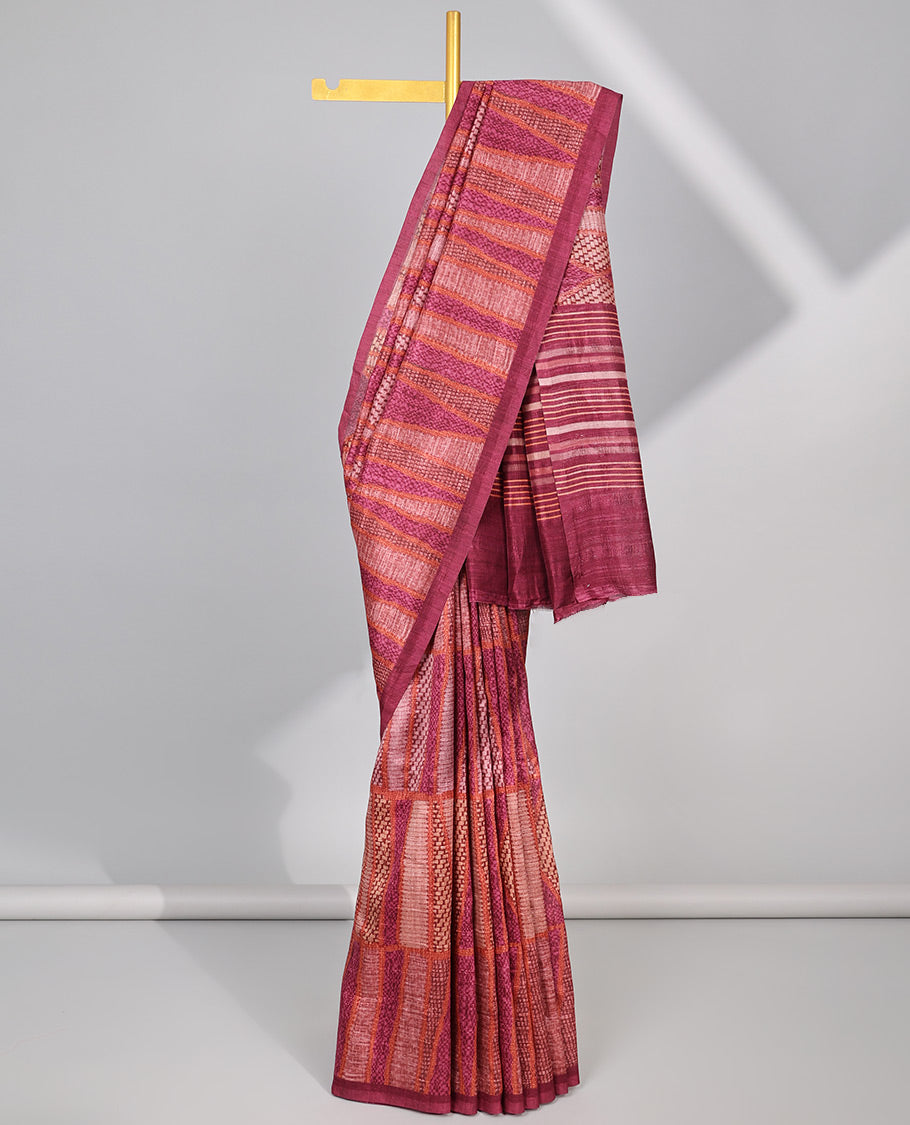 maroon geometric design tussar silk saree with self-border & striped pallu