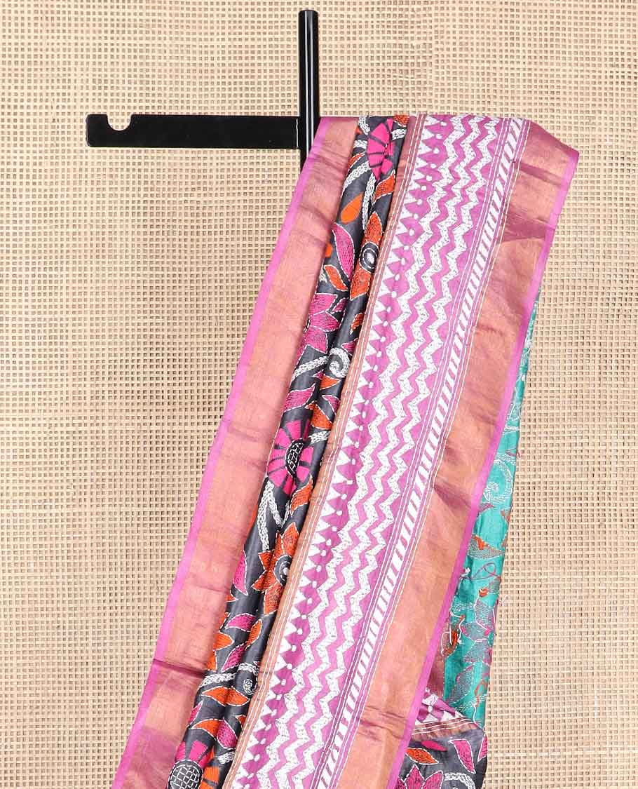 Black floral thread embroidery tussar silk saree with contrast geometric design border & floral embroidery pallu