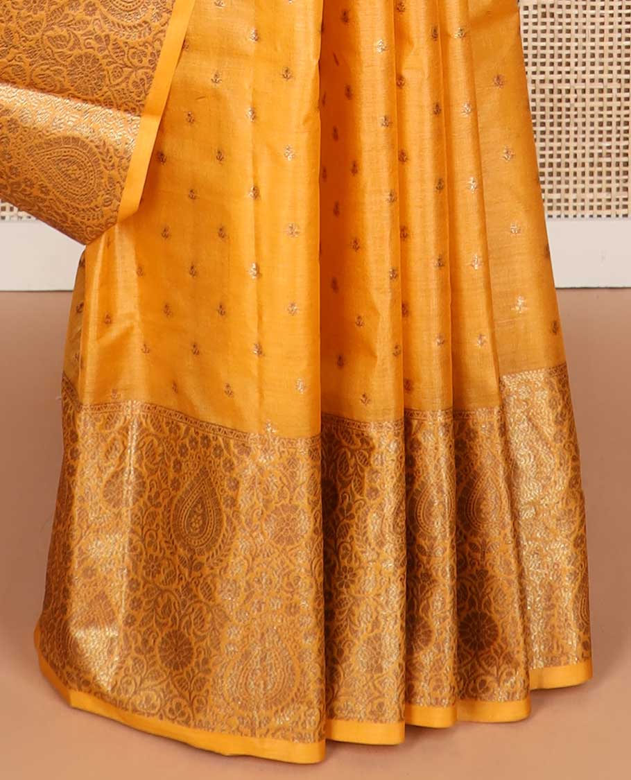 Orange floral motifs tussar silk saree with self floral design border & floral design pallu