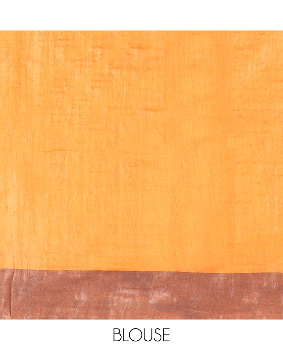 Yellow tree and Pichwai cow printed tussar silk saree, bavanji border, and checked pallu