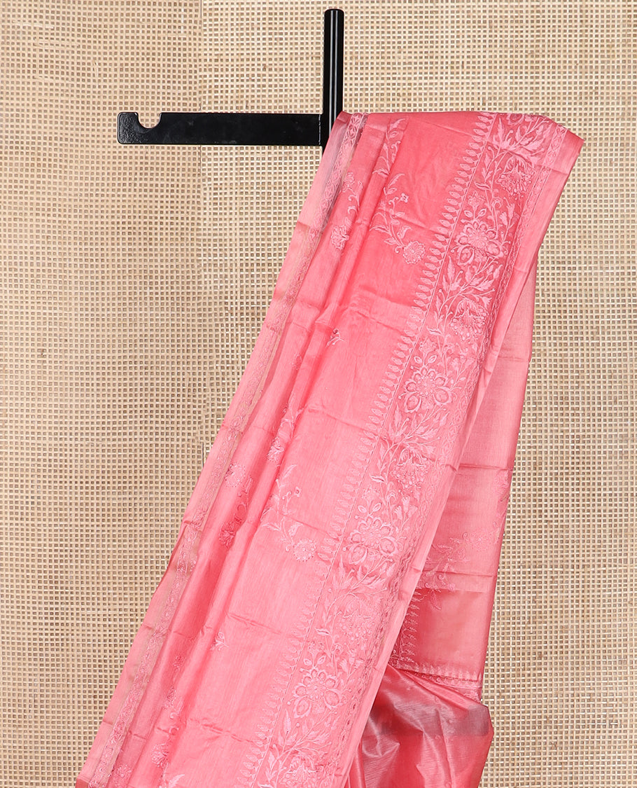 Pink diagonal floral stripes thread embroidered tussar saree, floral creeper embroidered border
