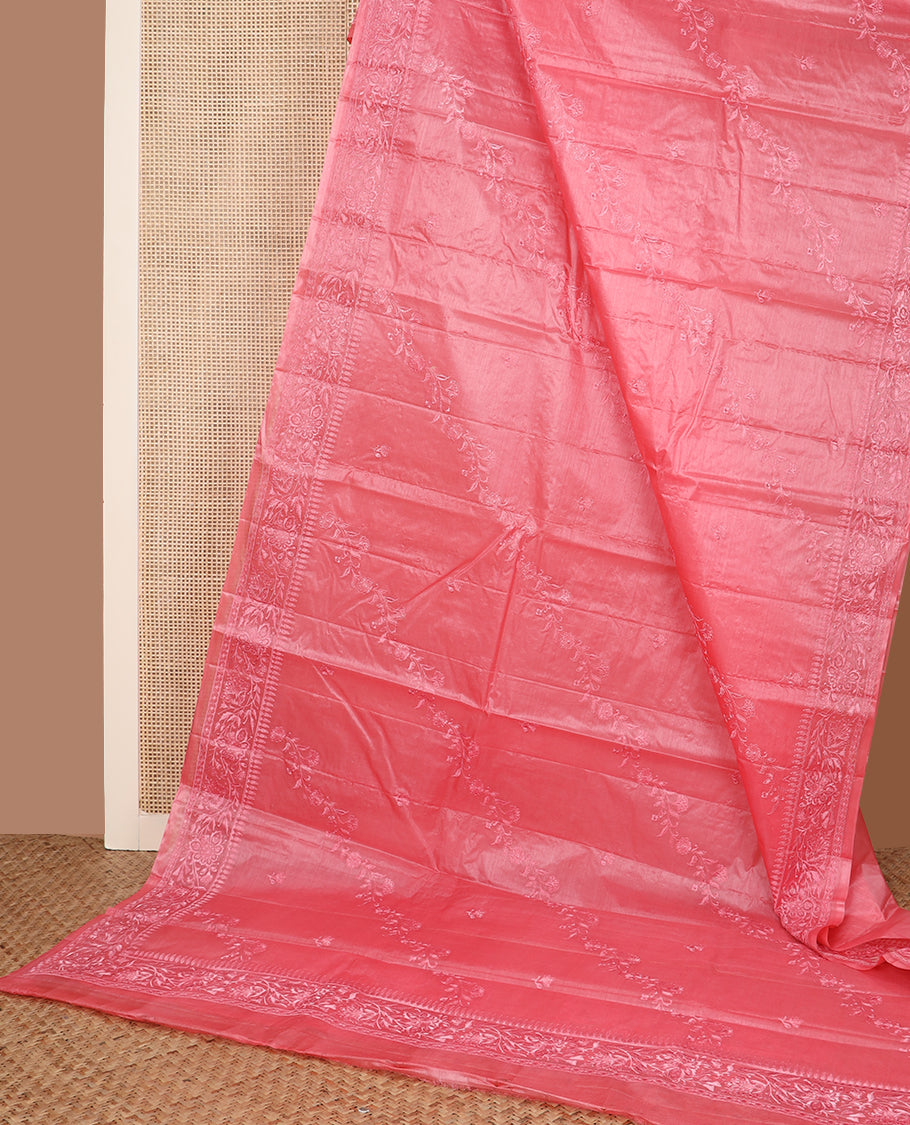Pink diagonal floral stripes thread embroidered tussar saree, floral creeper embroidered border