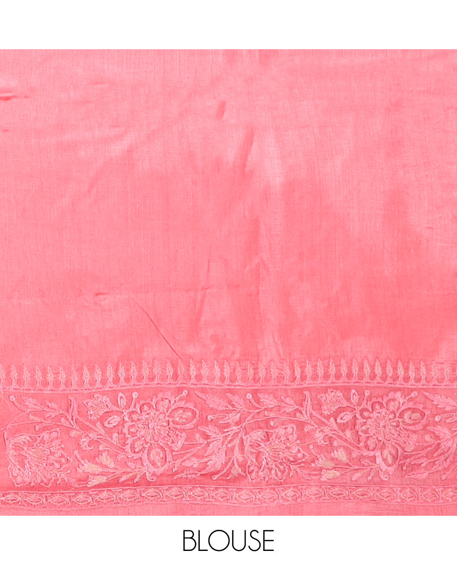 Pink diagonal floral stripes thread embroidered tussar saree, floral creeper embroidered border