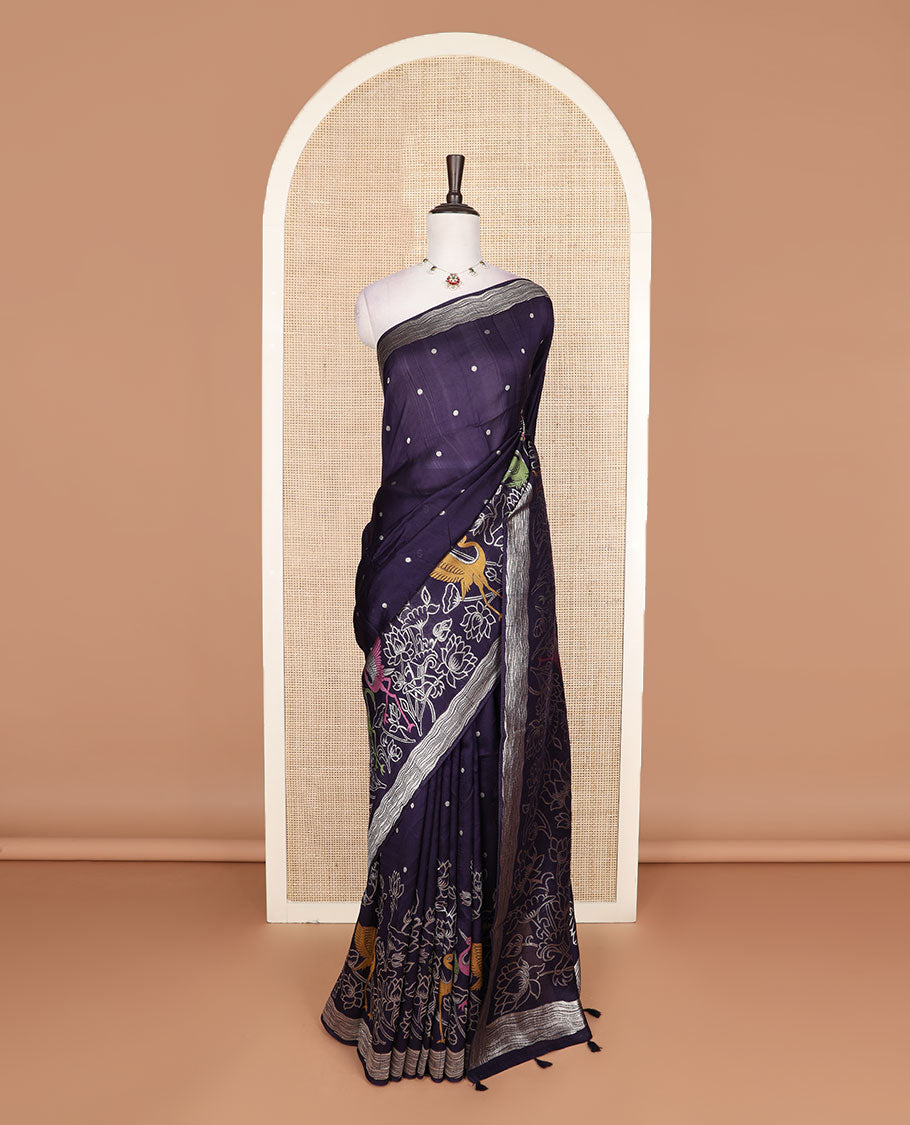 Blue polka dots, swan and lotus meenakari design Matka silk saree, zari border, and pallu of swan, and lotus designs