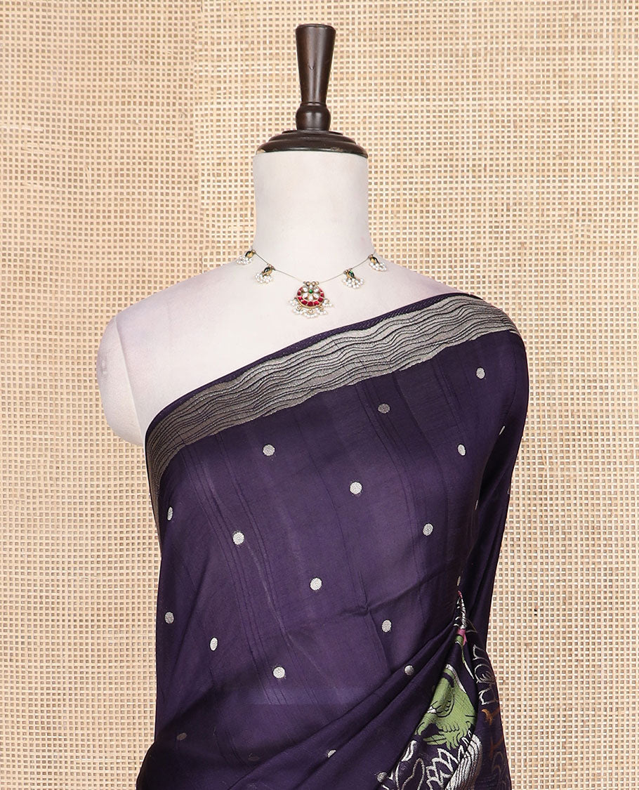 Blue polka dots, swan and lotus meenakari design Matka silk saree, zari border, and pallu of swan, and lotus designs