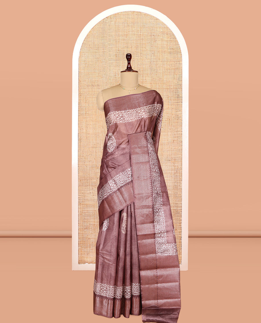 Brown Tusser Silk Saree Features Buttas, a Zari Border, Self-Pallu of Stripes, and a Matching Blouse