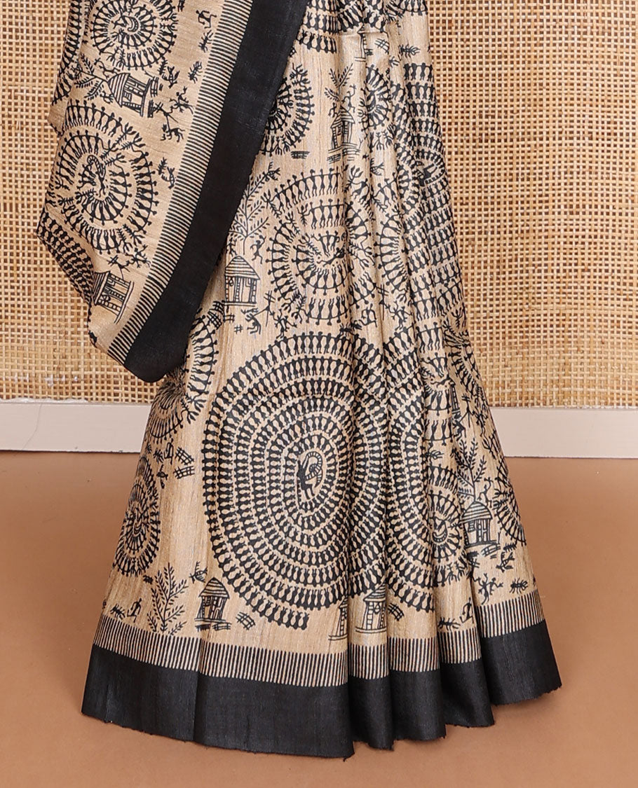 Sandal warli village-theme motifs printed tussar saree, contrast plain border, contrast chevron striped pallu & printed blouse