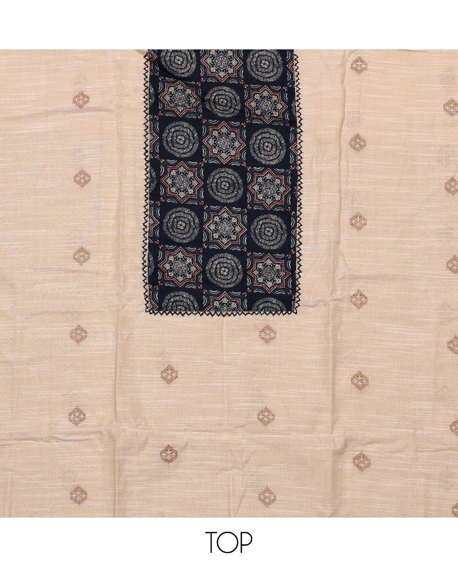 Cream-blue material chudidar set, Ajrakh printed patch neck work top, contrast Ajrakh printed bottom, and thread embroidered dupatta