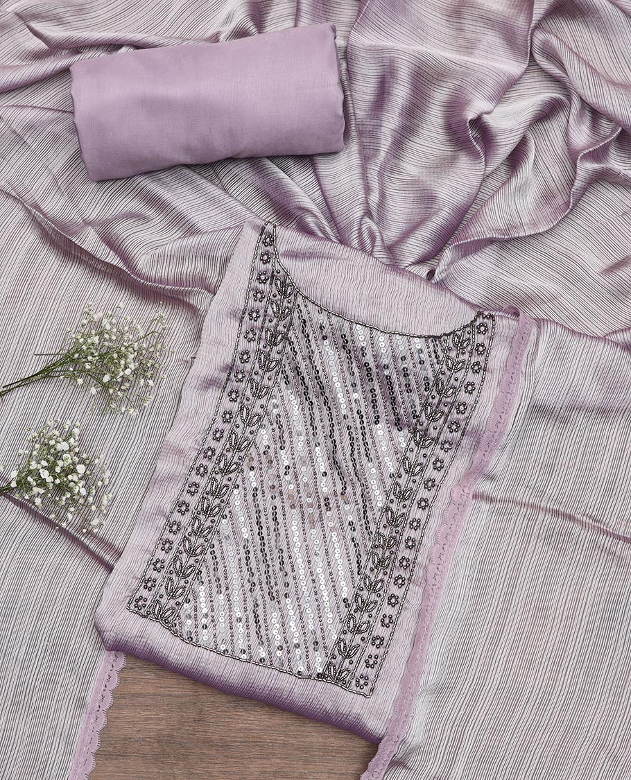 Pale pink material chudidar set, neck embroidered top, plain bottom, and plain scallop border dupatta