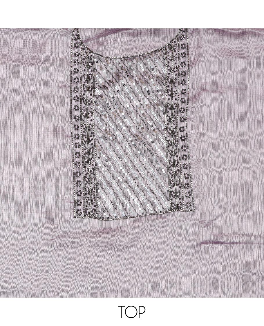 Pale pink material chudidar set, neck embroidered top, plain bottom, and plain scallop border dupatta