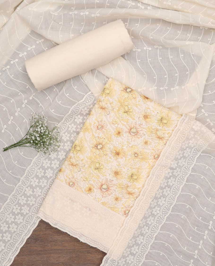 Cream chudidhar material set floral emboridery top, plain botttom & floral vine thread embroidery dupatta