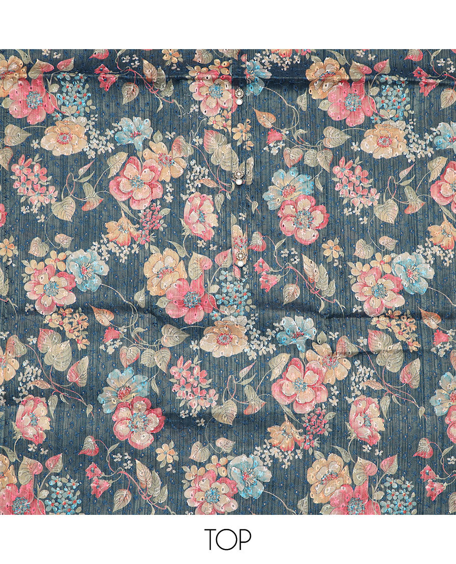 Blue material chudidar set, floral printed with thread embroidered top, contrast plain bottom and sequins striped dupatta