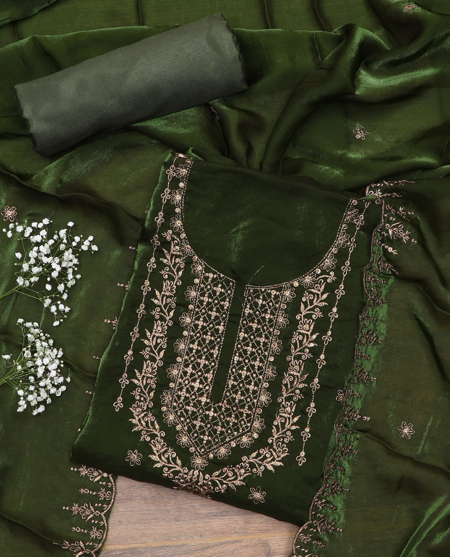 Green material chudidar set, sequins embroidered top, plain bottom, and scallop thread embroidered dupatta