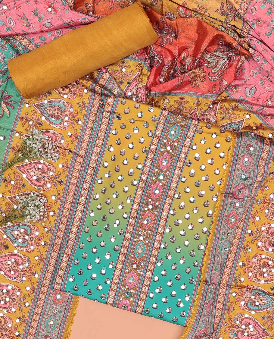 Multi-color chudidhar material set floral design with mirror work, mustard plain bottom & floral design with mirror work dupatta