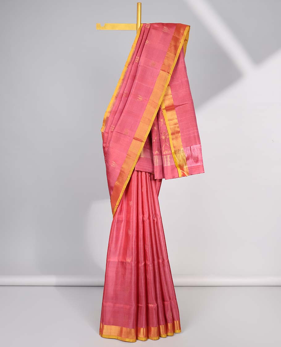 Red floral motifs uppada silk saree with contrast zari border & floral vine design pallu