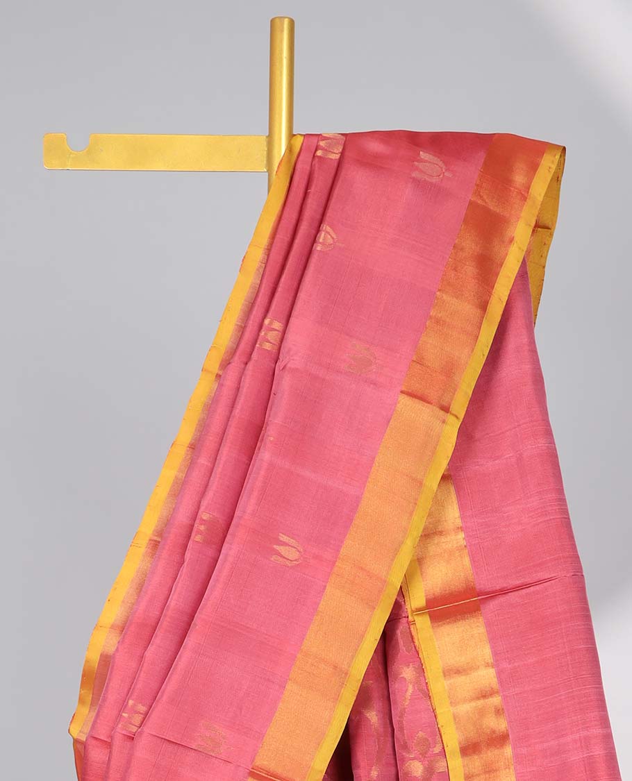 Red floral motifs uppada silk saree with contrast zari border & floral vine design pallu
