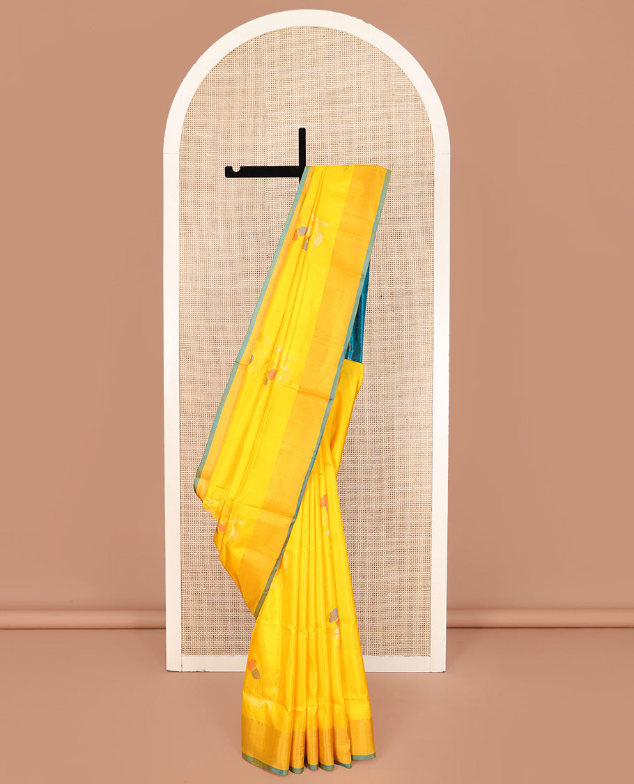 Yellow Uppada Silk Saree, Prettified with Floral Meena Buttas All Over Its Body, Subtle Plain Border, Complemented by Contrast Pallu Steeped with Floral Meena Buttas, and Paired with a Contrast Blouse