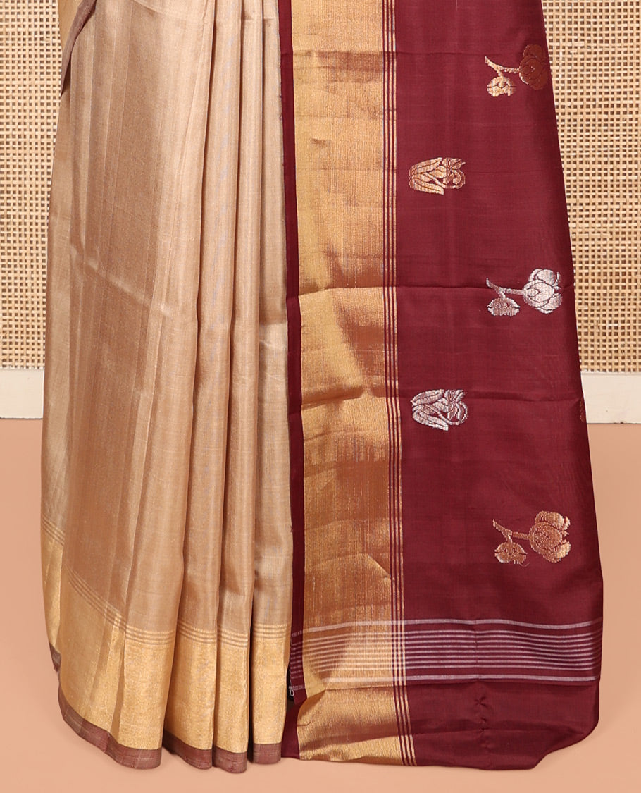Sandal Uppada Silk Saree, Sparsely Sparkled with Buttas, a Subtle Zari Border, Contrast Zari Woven Pallu, and a Contrast Blouse