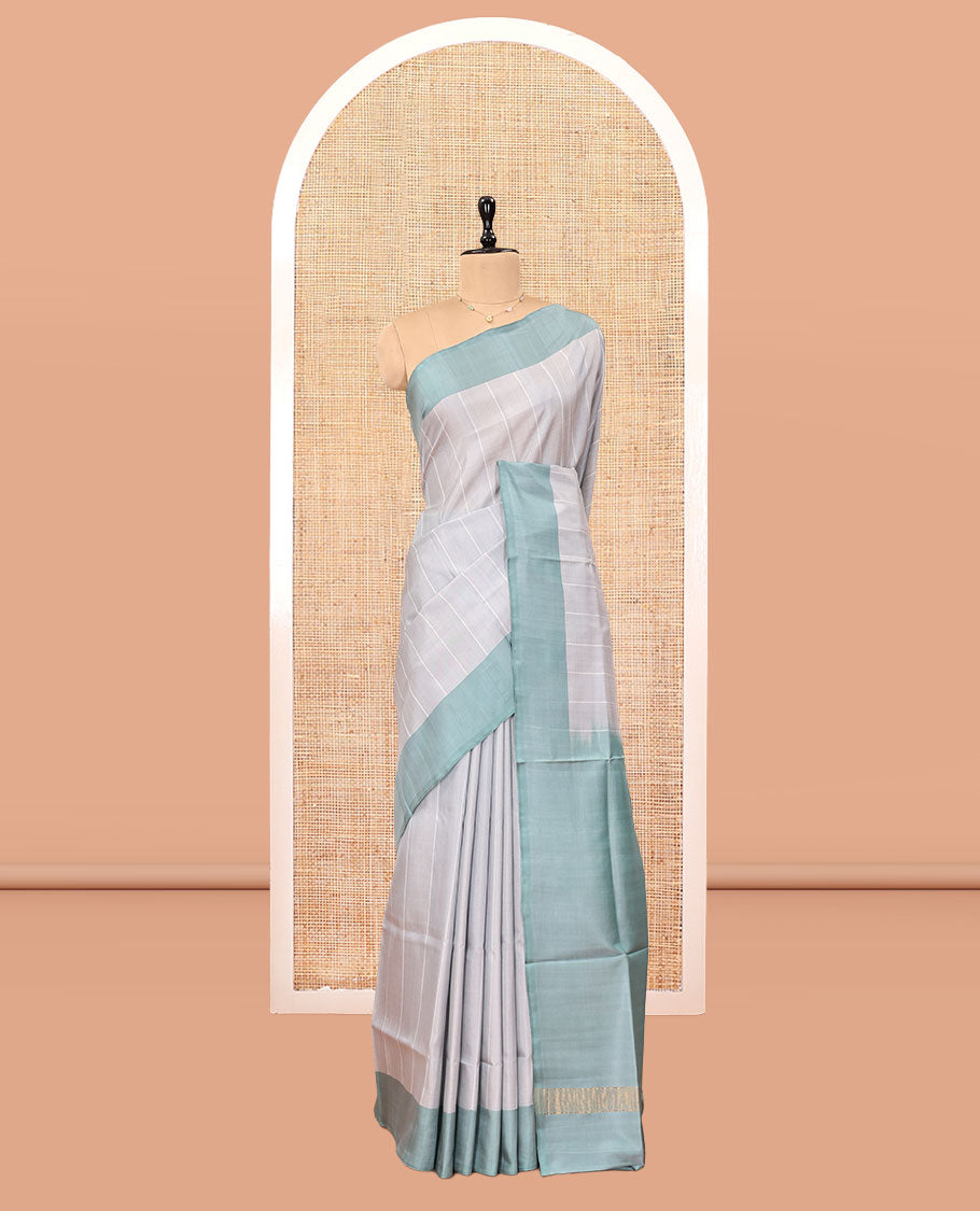Light Grey Striped Uppada Silk Saree, Complemented by a Contrast Border, Plain Pallu, and a Contrast Blouse