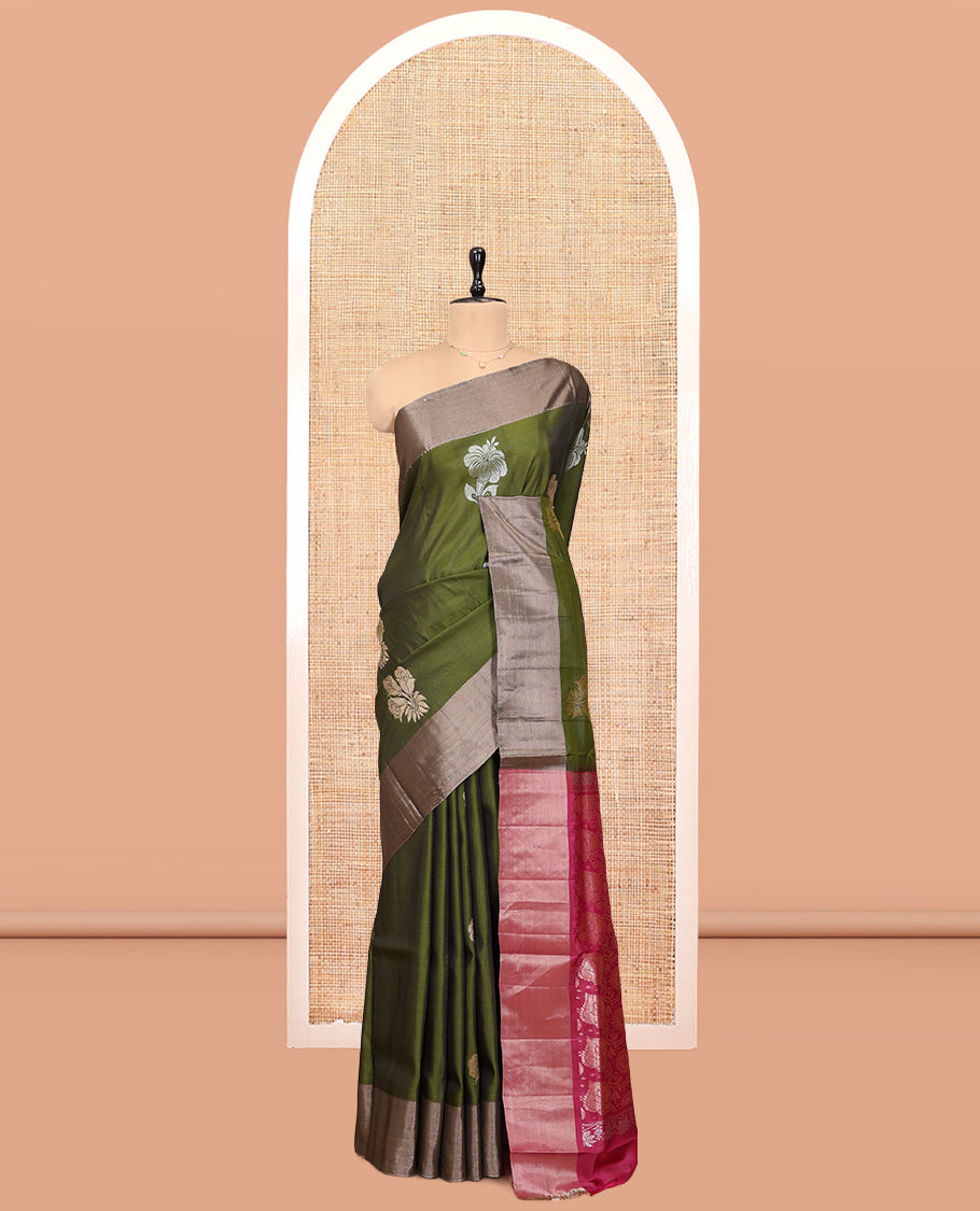 Dark Green Semi Uppada Saree, Decked up with Hibiscus Floral Buttas, a Bavanji Border, Contrast Intricate Pallu, and a Contrast Blouse