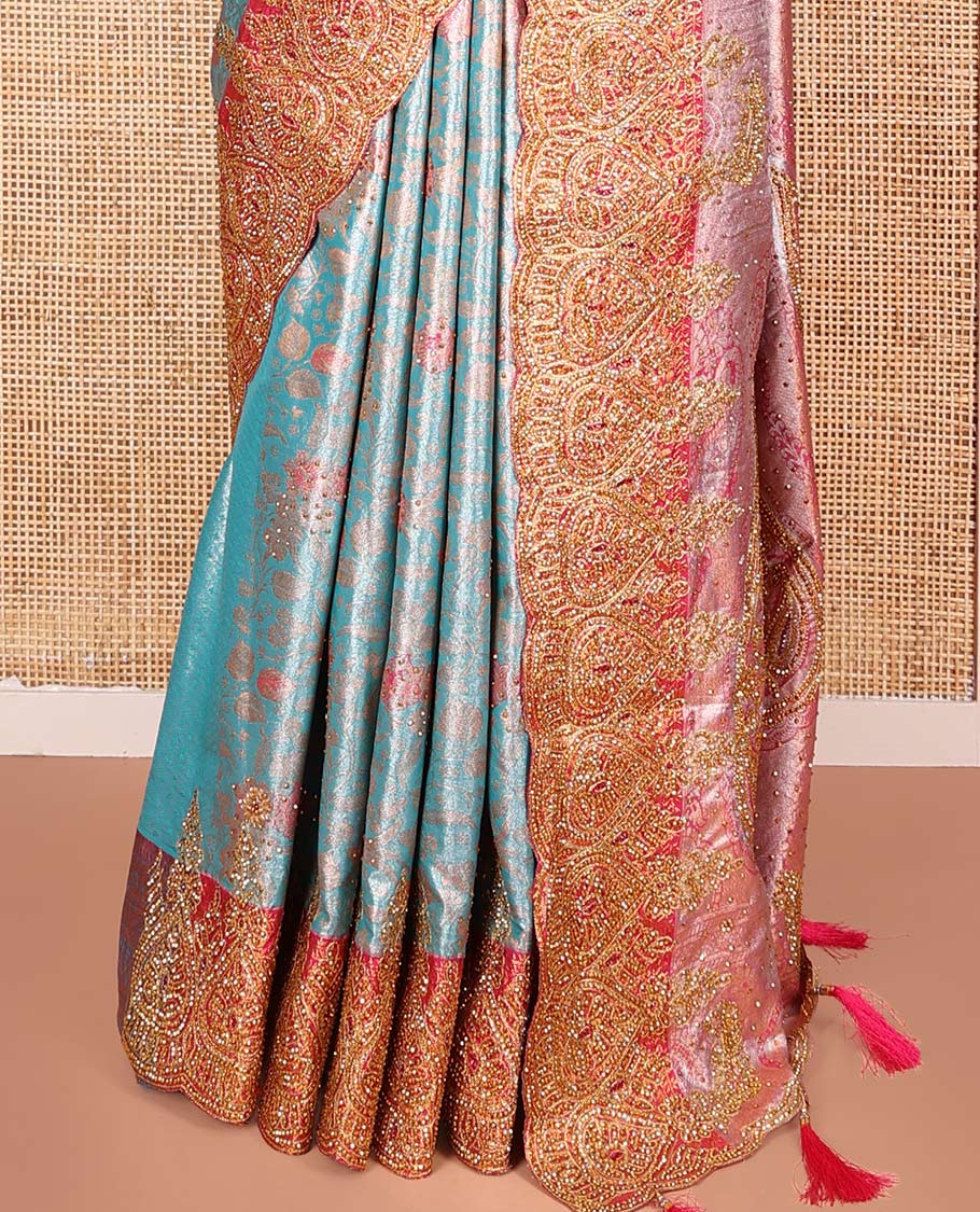 Blue Vastrakala Silk Saree, Prettified with Jacquard and Embroidery, Complemented by Contrast Traditional Zari and Patch Embroidered Scallop Border, Gleaming Grand Stone Work Pallu, and Paired with Contrast Embroidered Blouse