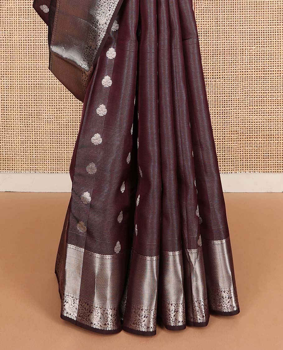 Maroon zari design Vasundhara silk mix saree, zari border of rekku,chakram & mayil designs & jaal pallu