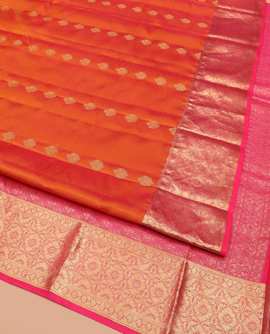Orange Vasundhara Lite Silk Mix Saree, Spotlighted with Zari Buttas All Over Its Body, Complemented by a Contrast Zari Border, Grand Woven Pallu of Jaal Designs, and Paired with a Contrast Blouse