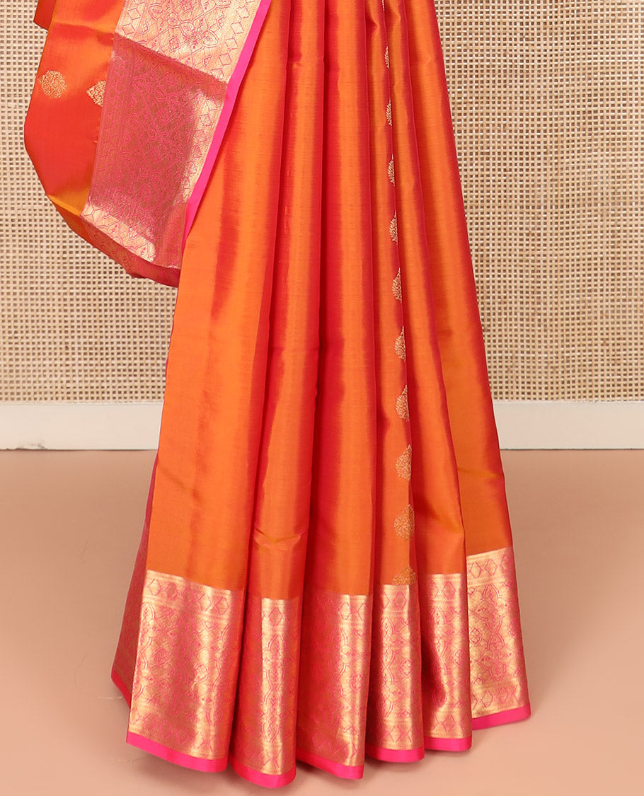 Orange Vasundhara Lite Silk Mix Saree, Spotlighted with Zari Buttas All Over Its Body, Complemented by a Contrast Zari Border, Grand Woven Pallu of Jaal Designs, and Paired with a Contrast Blouse