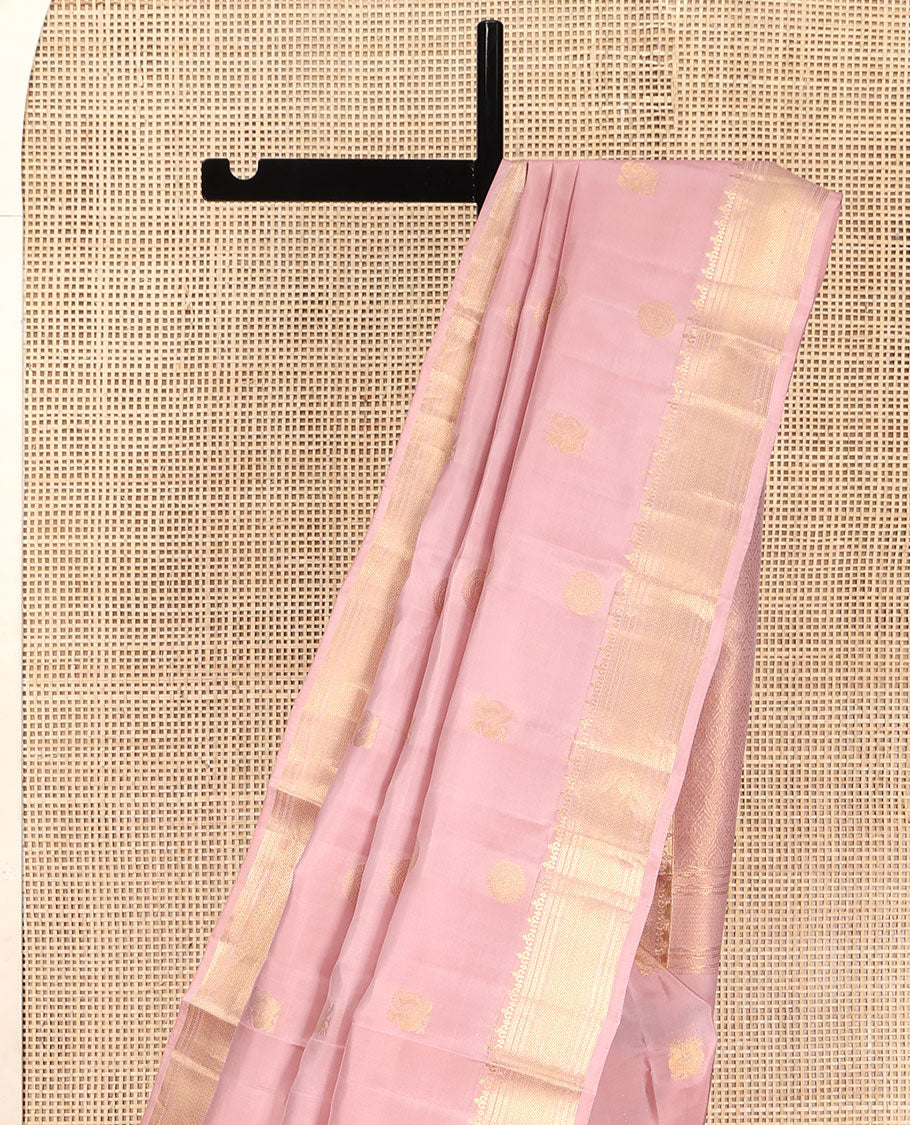 Pink Vasundhara Lite Silk Mix Saree, Embellished with Mayil Chakram Buttas All Over Its Body, Highlighted by a Traditional Zari Border, Grand Pallu of Jaal Designs, and Paired with a Matching Blouse