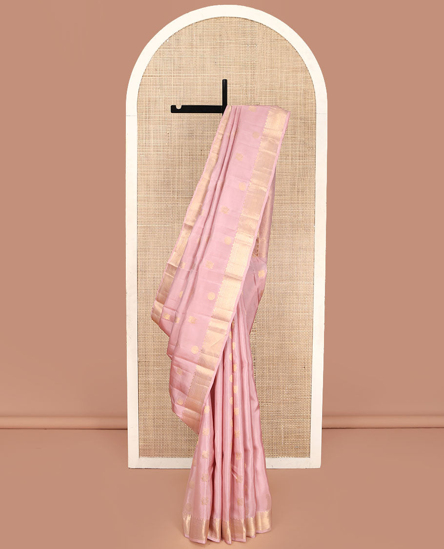 Pink Vasundhara Lite Silk Mix Saree, Embellished with Mayil Chakram Buttas All Over Its Body, Highlighted by a Traditional Zari Border, Grand Pallu of Jaal Designs, and Paired with a Matching Blouse