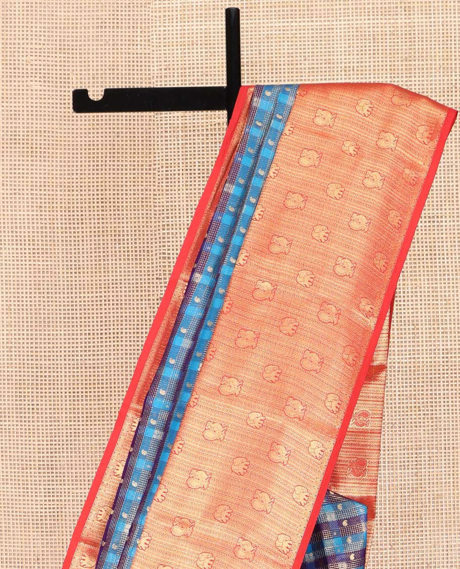 Multi-Color Vasundhara Lite Silk Mix Saree, Ornamented with Checked Design on Its Body, Complemented by a Contrast Border of Geometric, Mayil, and Yaanai Designs, a Grand Scallop Design Pallu, and Paired with a Contrast Blouse