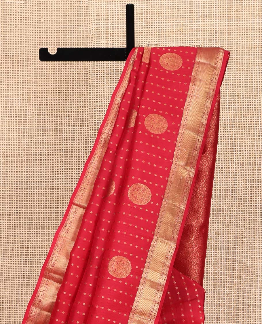 Red Vasundhara Silk Mix Saree, Decorated with Zari Buttas All Over Its Body, Highlighted by Zari Border of Rudraksham, Neli, Mayil, and Yaali Designs, Grand Pallu, and Paired with a Matching Blouse