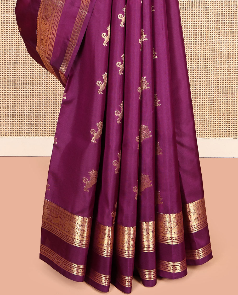 Magenta Vasundhara Lite Silk Mix Saree, Detailed with Yaali Buttas, Highlighted by Zari Border of Manga, Muthu, Mayil, and Yaanai Design, Grand Pallu, and a Matching Blouse