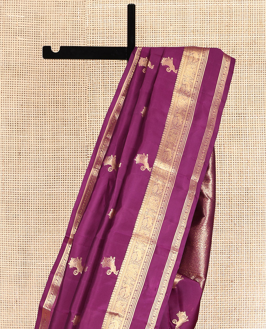 Magenta Vasundhara Lite Silk Mix Saree, Detailed with Yaali Buttas, Highlighted by Zari Border of Manga, Muthu, Mayil, and Yaanai Design, Grand Pallu, and a Matching Blouse
