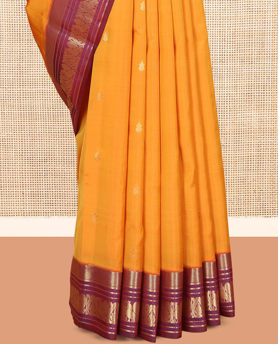 Orange Vasundhara Lite Silk Mix Saree, Gleamed Up with Zari Buttas, Contrast Border of Banaras, Banaras, Muthu, and Mayil Designs, Mayil Pallu, and a Contrast Blouse