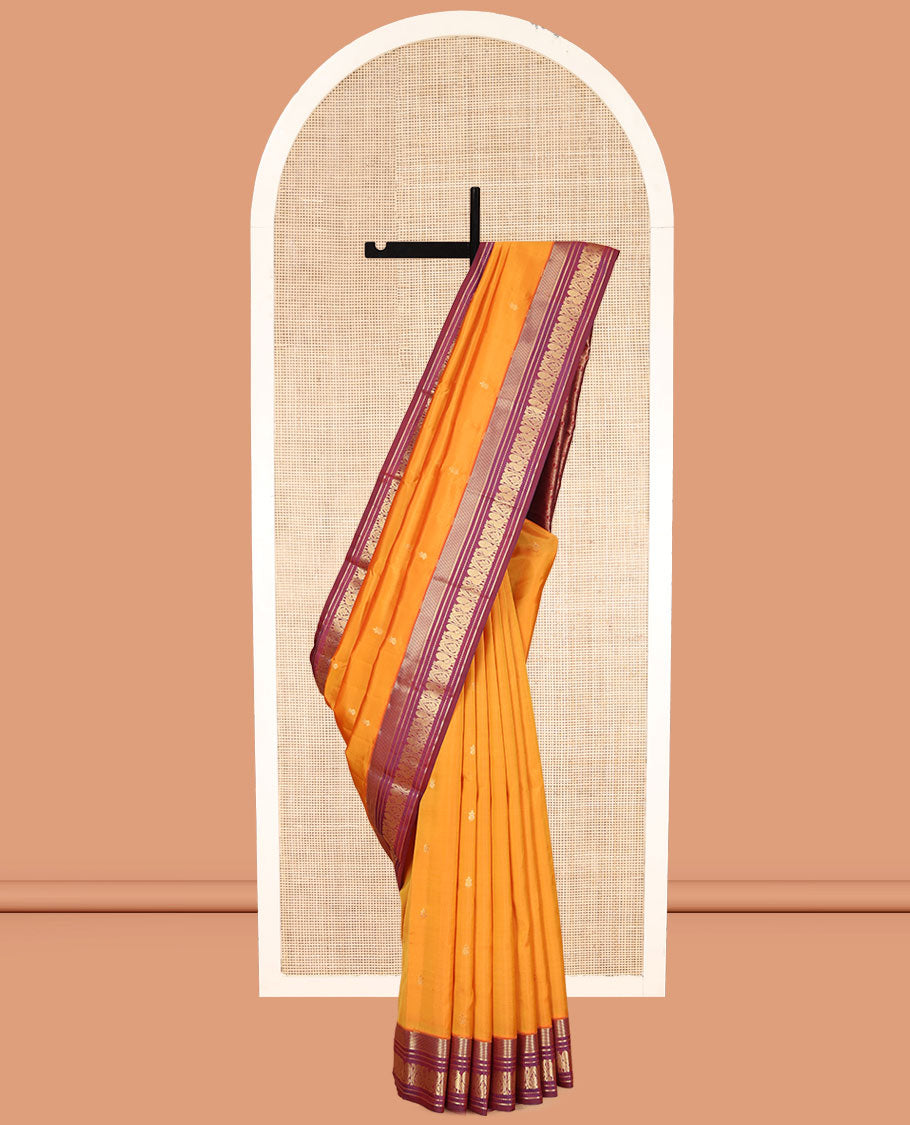 Orange Vasundhara Lite Silk Mix Saree, Gleamed Up with Zari Buttas, Contrast Border of Banaras, Banaras, Muthu, and Mayil Designs, Mayil Pallu, and a Contrast Blouse