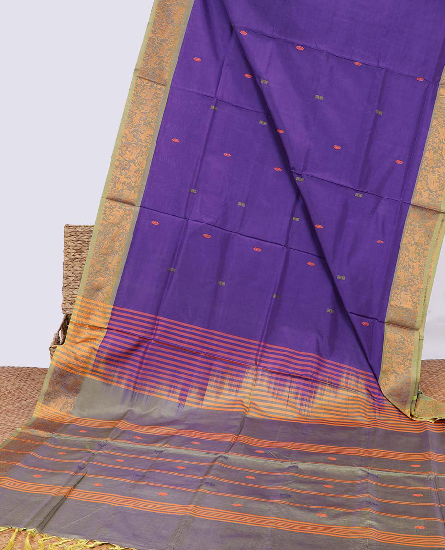 Violet floral motifs banana pith saree with contrast zari border & striped zari with floral motifs pallu