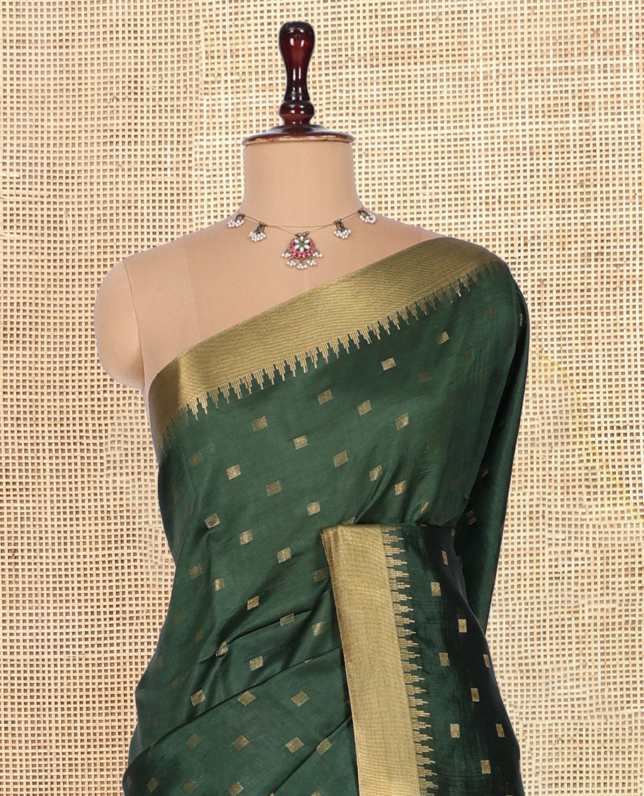 Green Banana Pith Saree, Accentuated with Zari Buttas, a Zari Temple Border, Striped Pallu, and Matching Blouse