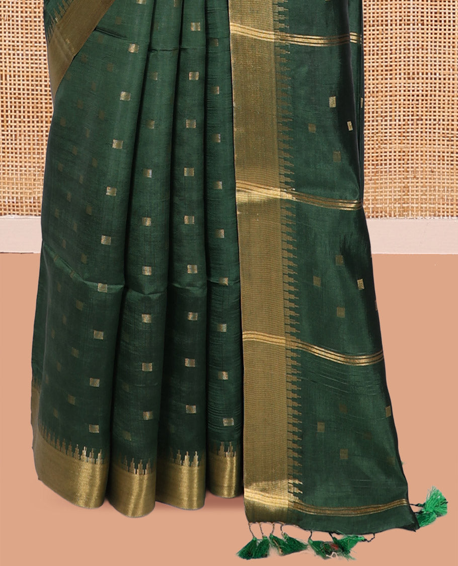 Green Banana Pith Saree, Accentuated with Zari Buttas, a Zari Temple Border, Striped Pallu, and Matching Blouse