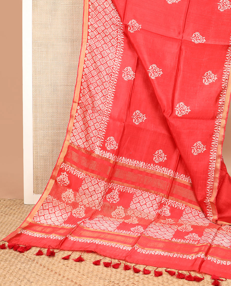Red unique motifs printed banana pith saree, border of zari with print work, and printed pallu