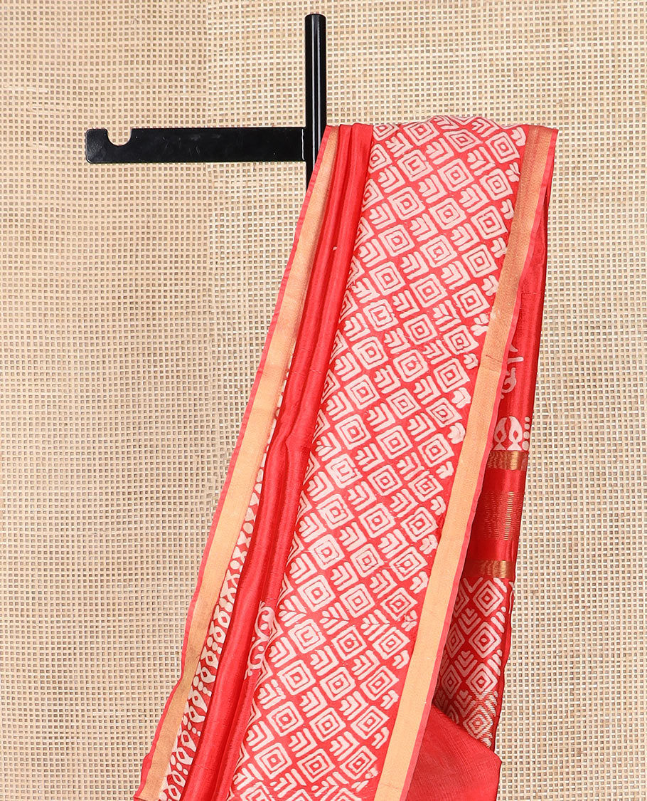 Red unique motifs printed banana pith saree, border of zari with print work, and printed pallu