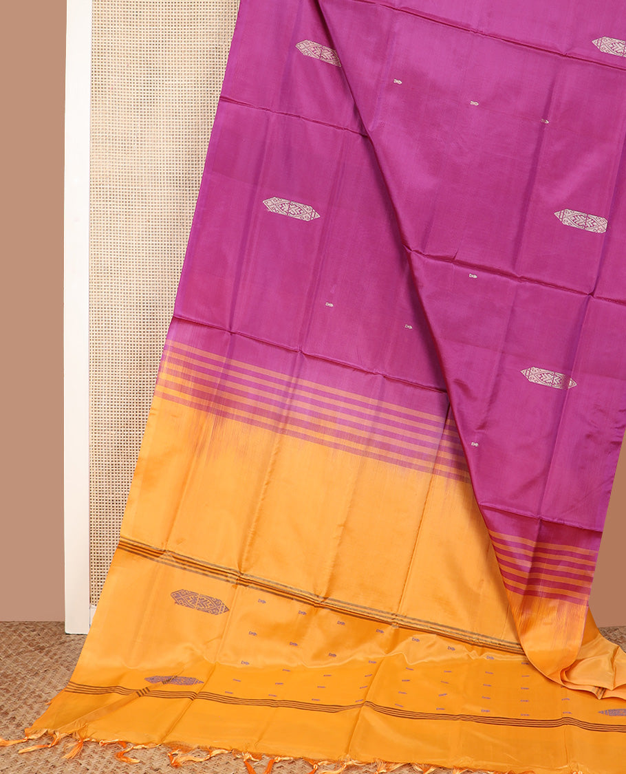 Borderless magenta buttas Banana pith saree, contrast pallu of stripes, and resham thread buttas