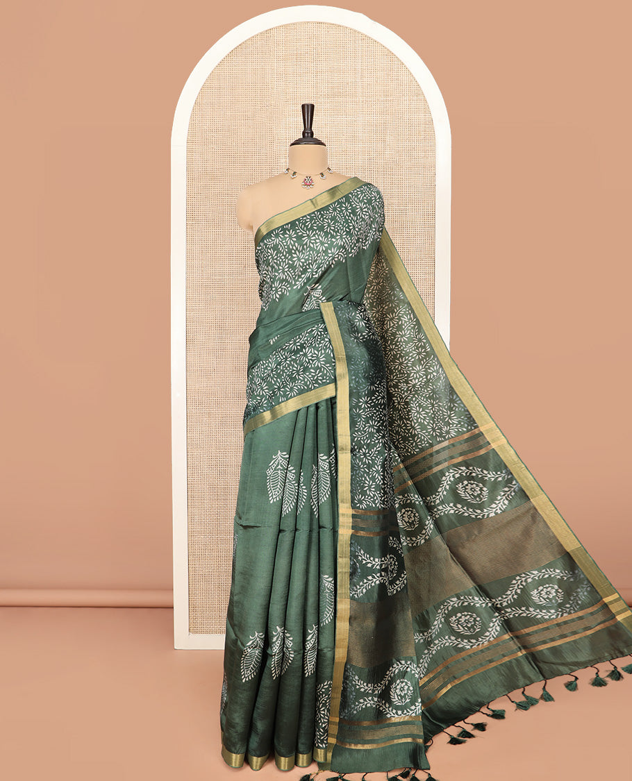 Green Banana Pith Saree Highlighted with Floral Motifs Printed All Over Its Body, Zari Bavanji Border, Pallu of Print and Zari Work, and Paired with a Matching Blouse