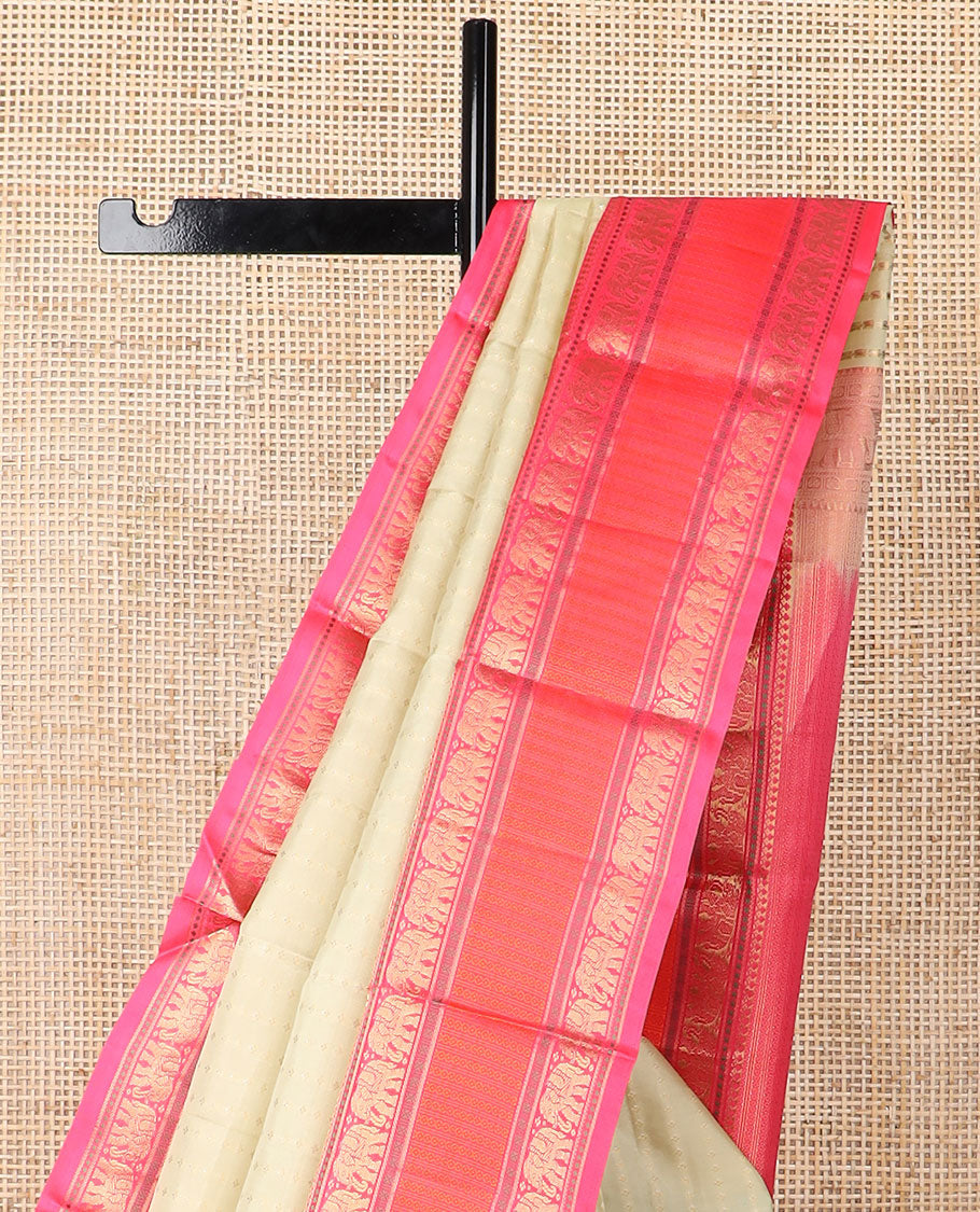Sandal geometric design silk saree with contrast rettai pettu zari design border & zari design pallu