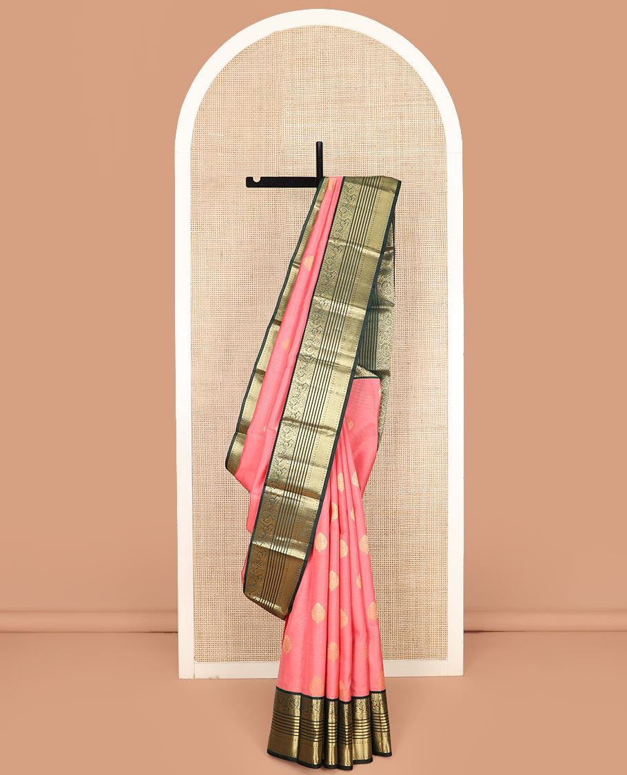 Pink Vasundhara Silk Saree Embellished with Zari Buttas and Stripes, Complemented by a Contrast Border of Rekku, Banaras, and Mayil Kann Designs, Pallu Gleamed Up with Intricate Designs, and Paired with a Contrast Blouse