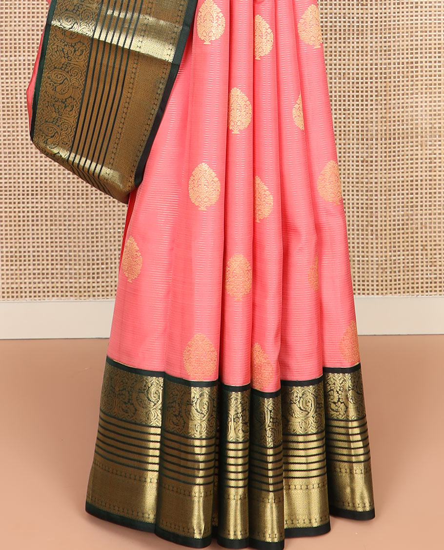Pink Vasundhara Silk Saree Embellished with Zari Buttas and Stripes, Complemented by a Contrast Border of Rekku, Banaras, and Mayil Kann Designs, Pallu Gleamed Up with Intricate Designs, and Paired with a Contrast Blouse