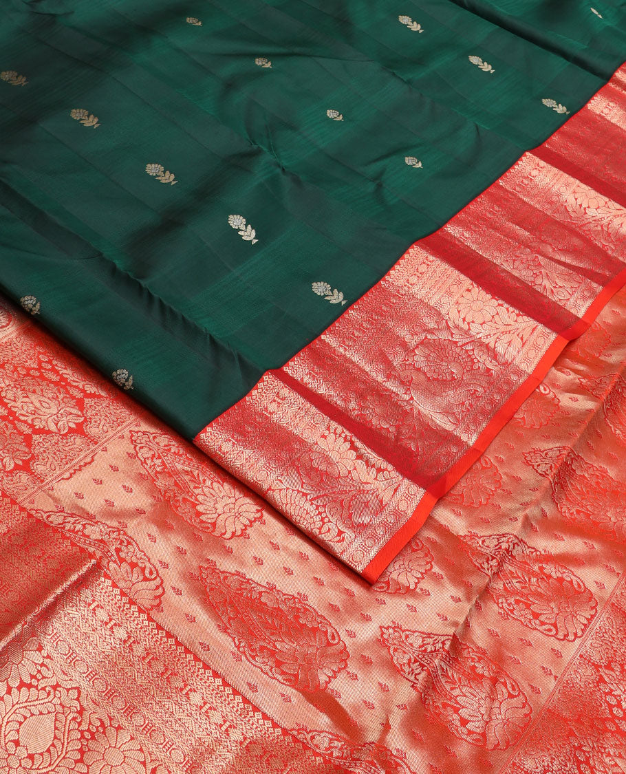 Green zari buttas silk saree, contrast border of poun,kathir,kodi visiry & mayil designs & intricate pallu