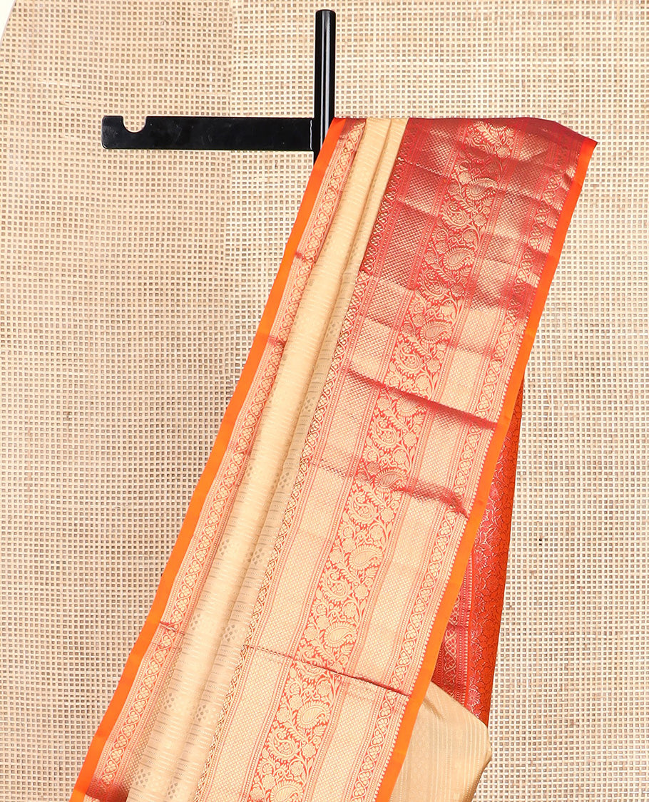 Sandal zari design silk saree, contrast border of rekku, banaras, muthu, kuyil kann, kodi visiry, and paisley designs, and floral jaal pallu