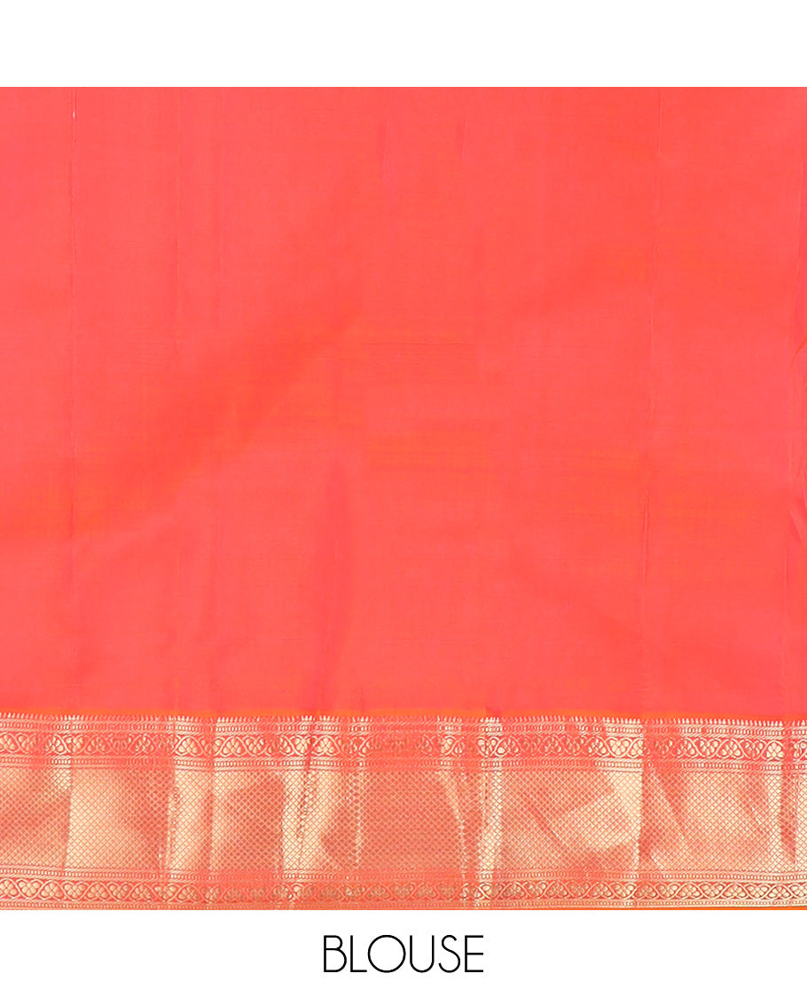 Sandal zari design silk saree, contrast border of rekku, banaras, muthu, kuyil kann, kodi visiry, and paisley designs, and floral jaal pallu